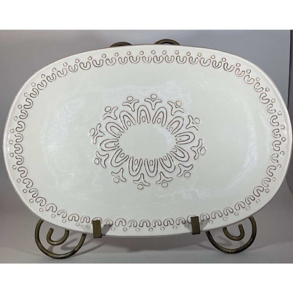 Pier One Creamy White Terracotta 14”x9”Glazed Farmhouse Mid Transitional Platter